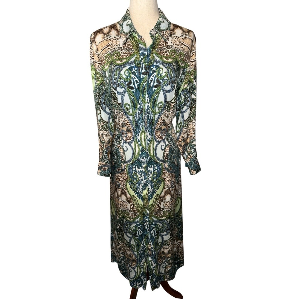 Chico's Hidden Button Long Sleeve Maxi Dress Sz 1.5 Costal Grandma Tropical